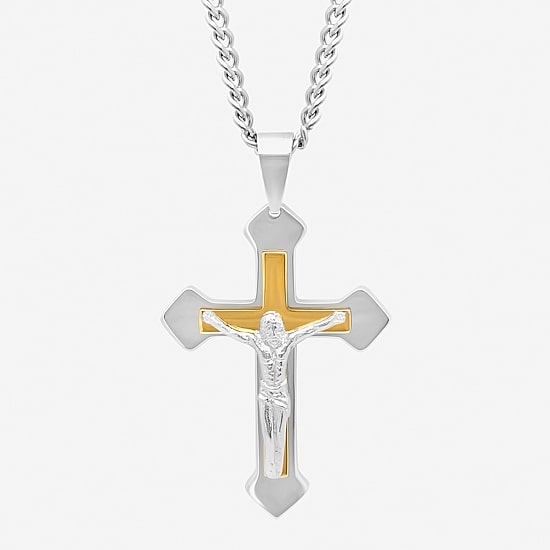 Mens Two-Tone Stainless Steel Crucifix Pendant Necklace