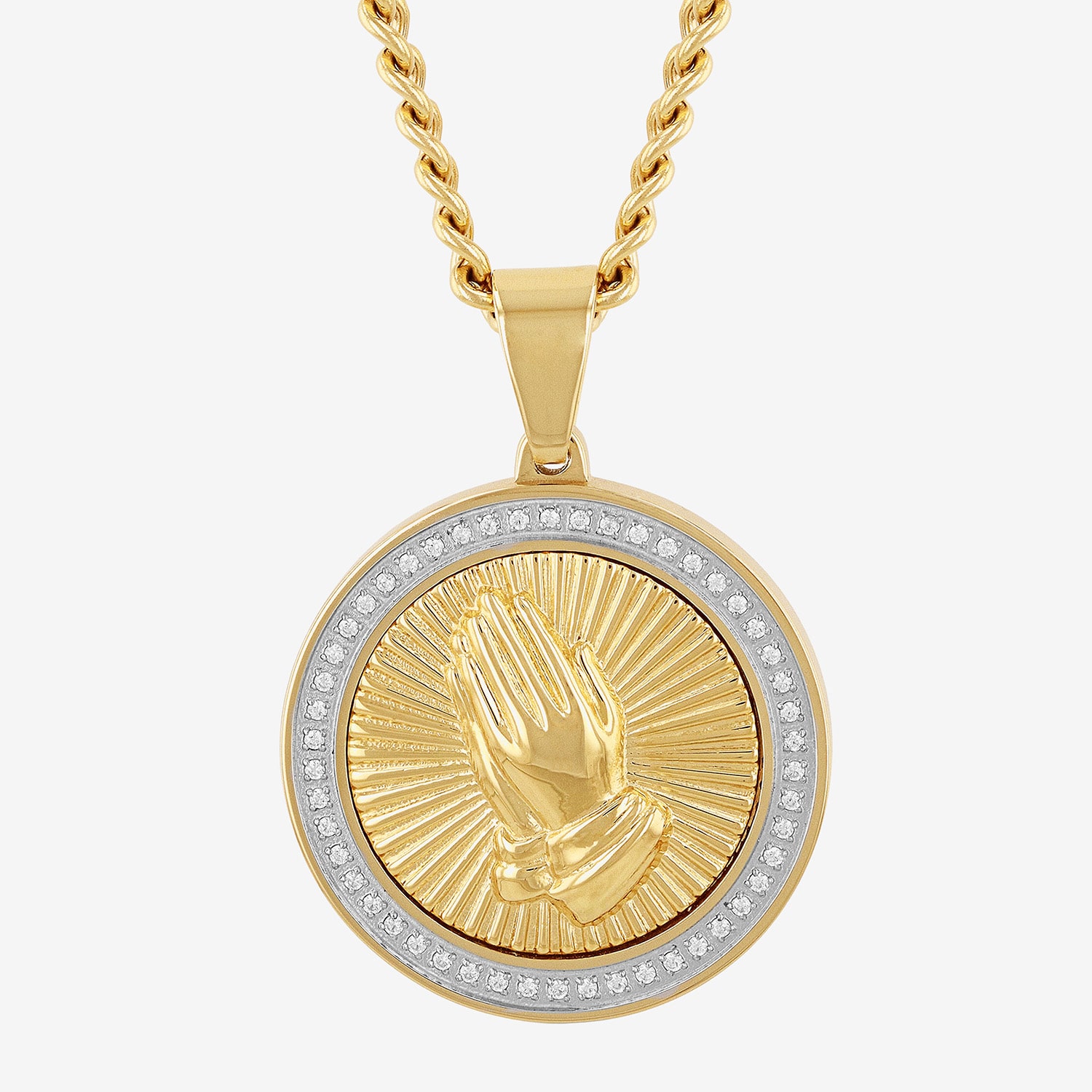 Mens 1/4 CT. T.W. Natural Diamond Stainless Steel Circle Prayer Hands Pendant Necklace