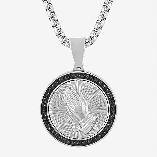 Mens 1/4 CT. T.W. Natural Diamond Stainless Steel Circle Prayer Hands Pendant Necklace