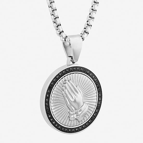 Mens 1/4 CT. T.W. Natural Diamond Stainless Steel Circle Prayer Hands Pendant Necklace