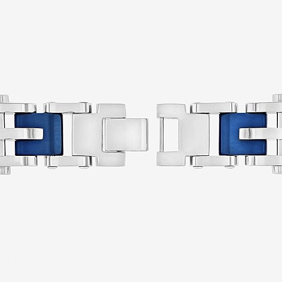Mens 8 1/2 Inch Stainless Steel Blue IP Finish Cross and Bar Link Bracelet