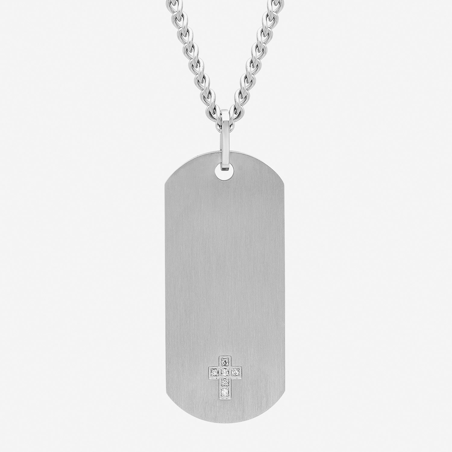 Mens Diamond Accent Natural White Diamond Stainless Steel Cross Dog Tag 24 Inch Pendant Necklace