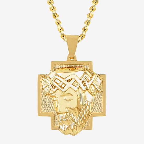 Jesus Head Mens Stainless Steel Cross 24 Inch Pendant Necklace