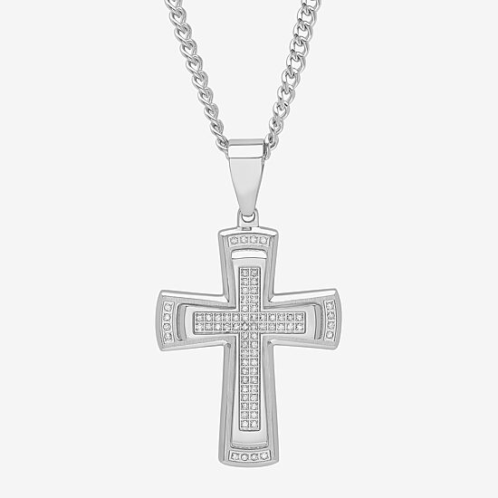 Mens 3/8 CT. T.W. Natural White Diamond Stainless Steel Cross 24 Inch Pendant Necklace