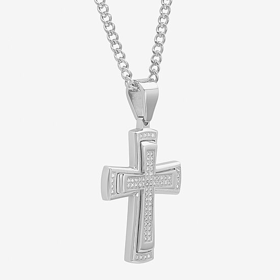Mens 3/8 CT. T.W. Natural White Diamond Stainless Steel Cross 24 Inch Pendant Necklace