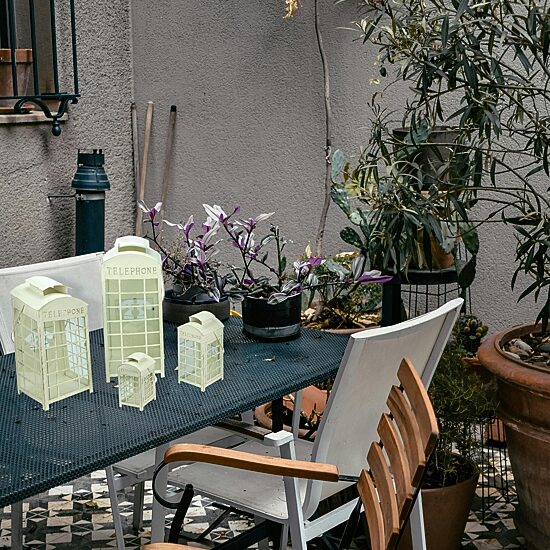 Set of 4 Weathered Cream and Gold Telephone Booth Glass Pillar Candle Lanterns 8.75" - 25"