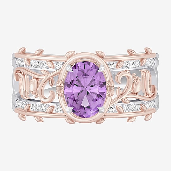 Enchanted Disney Fine Jewelry Womens 1/8 CT. T.W. Genuine Purple Amethyst 14K Two Tone Gold Over Silver Oval Princess Rapunzel Cocktail Ring