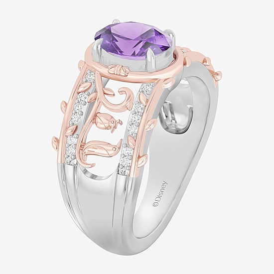 Enchanted Disney Fine Jewelry Womens 1/8 CT. T.W. Genuine Purple Amethyst 14K Two Tone Gold Over Silver Oval Princess Rapunzel Cocktail Ring
