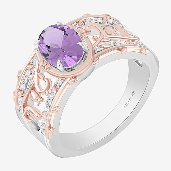 Enchanted Disney Fine Jewelry Womens 1/8 CT. T.W. Genuine Purple Amethyst 14K Two Tone Gold Over Silver Oval Princess Rapunzel Cocktail Ring