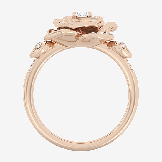 Enchanted Disney Fine Jewelry Rose (I, I2) Womens 1/2 CT. T.W. Lab Grown White Diamond 14K Rose Gold Over Silver Flower Belle Princess Side Stone Cocktail Ring