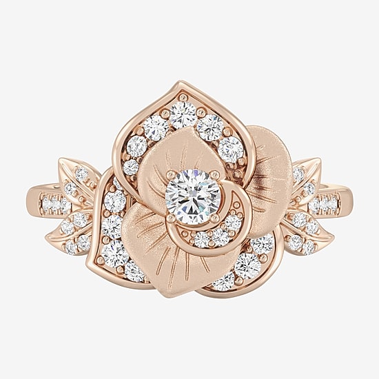 Enchanted Disney Fine Jewelry Rose (I, I2) Womens 1/2 CT. T.W. Lab Grown White Diamond 14K Rose Gold Over Silver Flower Belle Princess Side Stone Cocktail Ring