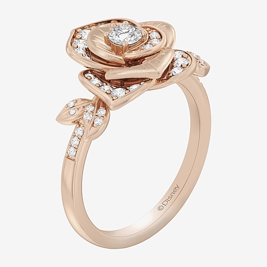 Enchanted Disney Fine Jewelry Rose (I, I2) Womens 1/2 CT. T.W. Lab Grown White Diamond 14K Rose Gold Over Silver Flower Belle Princess Side Stone Cocktail Ring