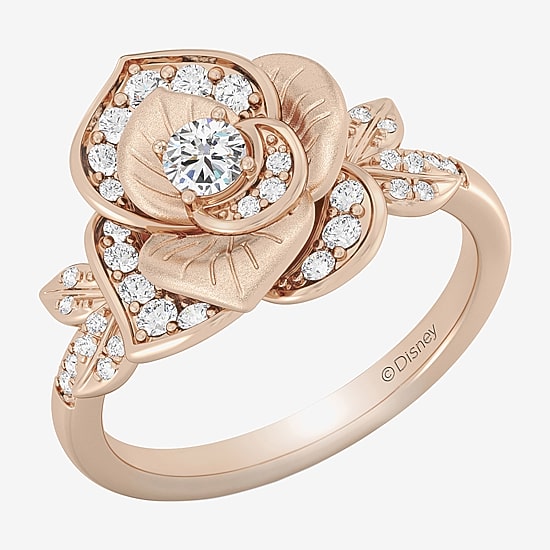 Enchanted Disney Fine Jewelry Rose (I, I2) Womens 1/2 CT. T.W. Lab Grown White Diamond 14K Rose Gold Over Silver Flower Belle Princess Side Stone Cocktail Ring