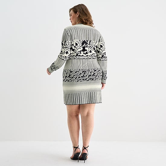 Ashley Graham Womens Plus Crew Neck Long Sleeve Fitted Jacquard Bodycon Dress