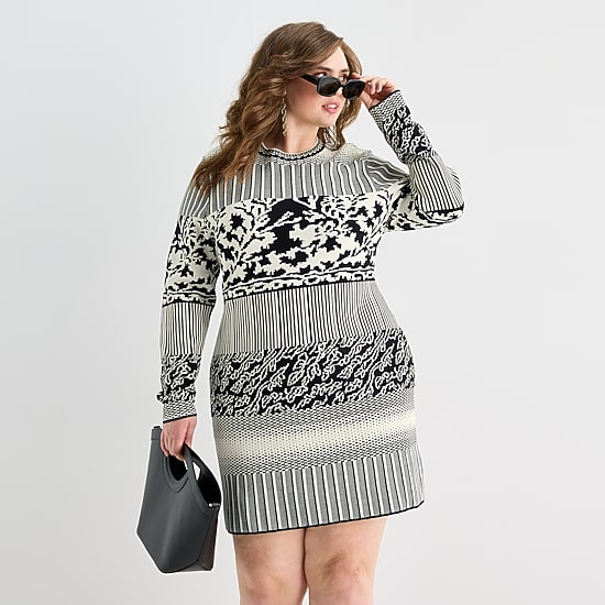 Ashley Graham Womens Plus Crew Neck Long Sleeve Fitted Jacquard Bodycon Dress