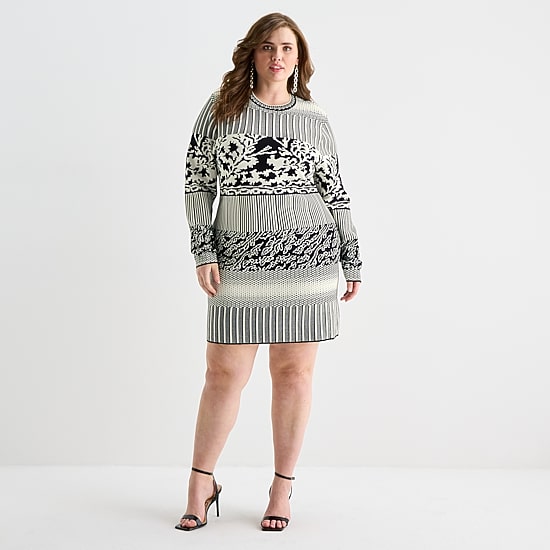 Ashley Graham Womens Plus Crew Neck Long Sleeve Fitted Jacquard Bodycon Dress