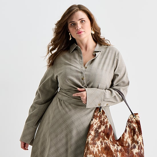 Ashley Graham Womens Plus Long Sleeve Plaid Shirt Dress