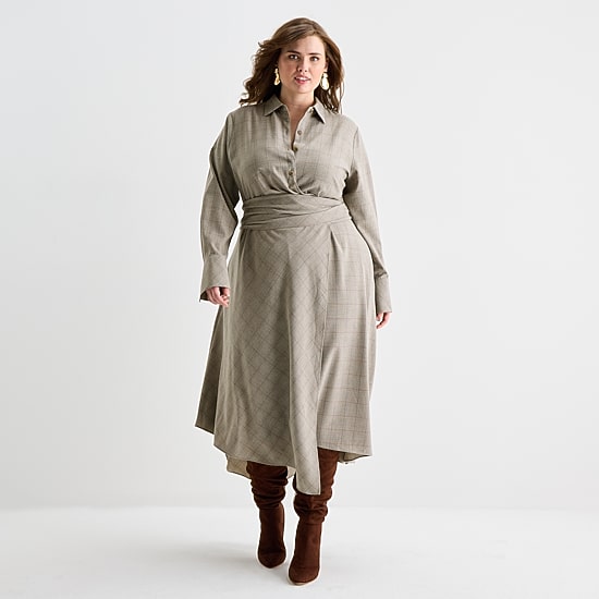 Ashley Graham Womens Plus Long Sleeve Plaid Shirt Dress