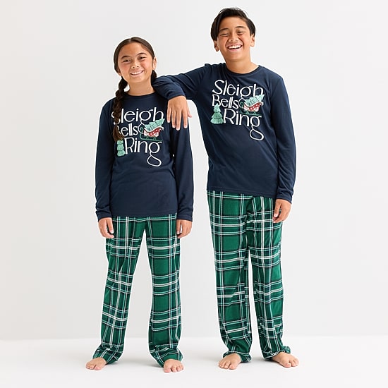 North Pole Trading Co. Sleigh Bells Ring Little & Big Kid Unisex Crew Neck Long Sleeve 2-pc. Matching Family Pajama Set