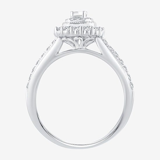 Signature By Modern Bride Womens 1/2 CT. T.W. Natural White Diamond 14K Gold Side Stone Halo Engagement Ring