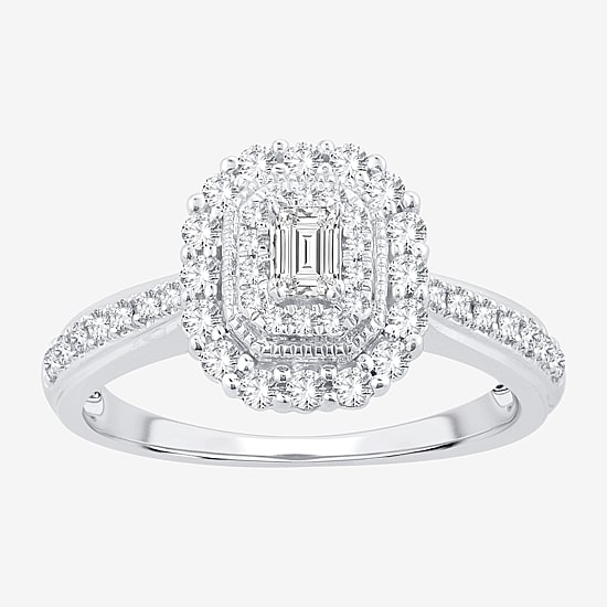 Signature By Modern Bride Womens 1/2 CT. T.W. Natural White Diamond 14K Gold Side Stone Halo Engagement Ring