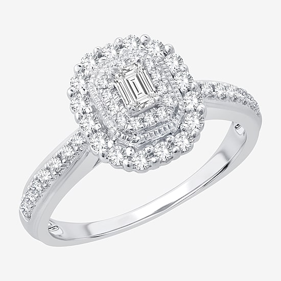Signature By Modern Bride Womens 1/2 CT. T.W. Natural White Diamond 14K Gold Side Stone Halo Engagement Ring