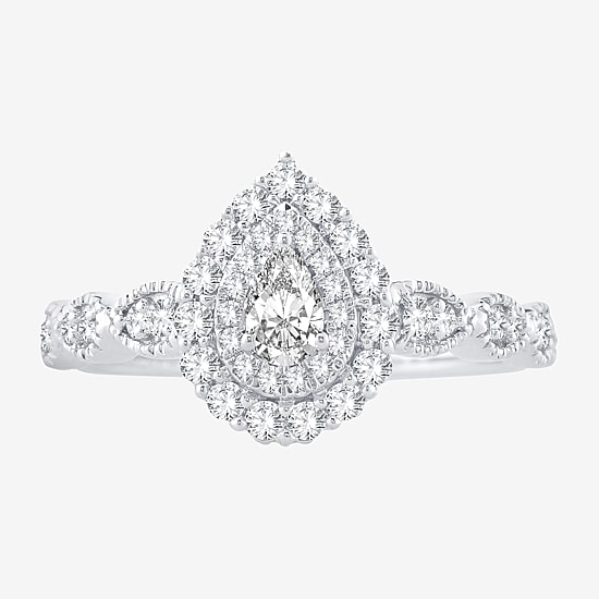Signature By Modern Bride Womens 1/2 CT.T.W. Natural Diamond 10K or 14K White Gold Pear Side Stone Halo Engagement Ring