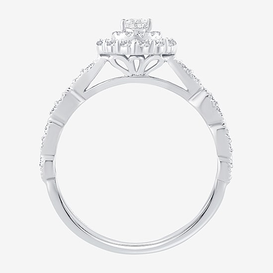 Signature By Modern Bride Womens 1/2 CT.T.W. Natural Diamond 10K or 14K White Gold Pear Side Stone Halo Engagement Ring
