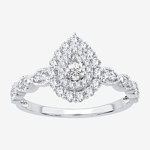 Signature By Modern Bride Womens 1/2 CT.T.W. Natural Diamond 10K or 14K White Gold Pear Side Stone Halo Engagement Ring, 9, White