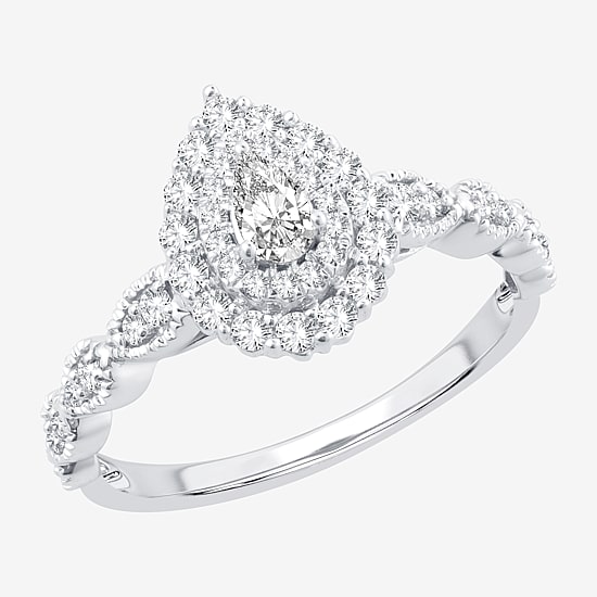 Signature By Modern Bride Womens 1/2 CT.T.W. Natural Diamond 10K or 14K White Gold Pear Side Stone Halo Engagement Ring