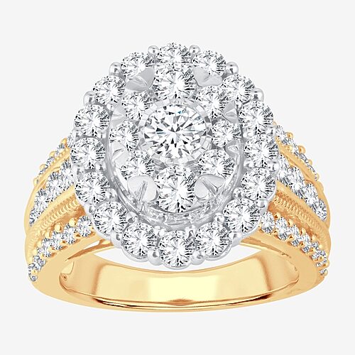 (I / Si1-Si2) Womens 3 CT. T.W. Lab Grown White Diamond 10K Gold Oval Side Stone Halo Engagement Ring, 8, Yellow