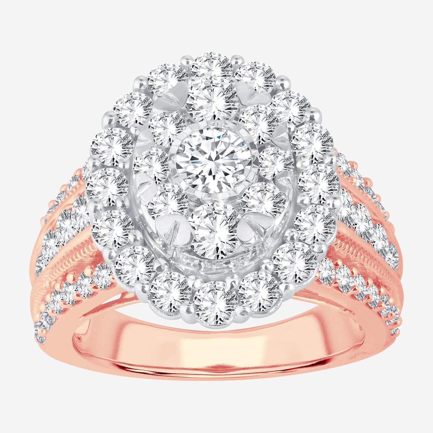(I / Si1-Si2) Womens 3 CT. T.W. Lab Grown White Diamond 10K Gold Oval Side Stone Halo Engagement Ring