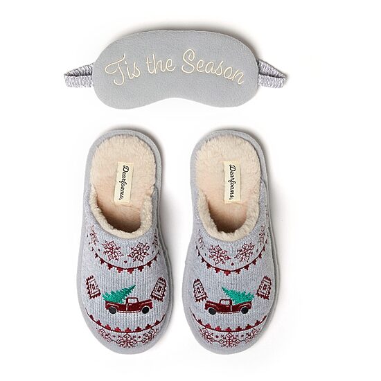 Dearfoams Novelty Knit Scuff With Eyemask Womens Memory Foam Slip-On Slippers
