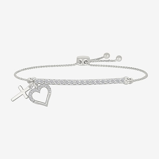 Womens Lab Created White Sapphire Sterling Silver Heart Bolo Bracelet