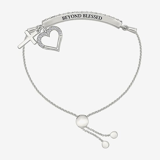 Womens Lab Created White Sapphire Sterling Silver Heart Bolo Bracelet
