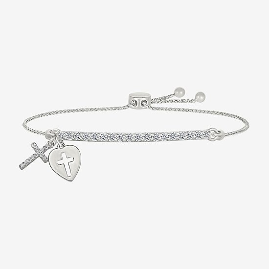 Womens Lab Created White Sapphire Sterling Silver Cross Heart Bolo Bracelet