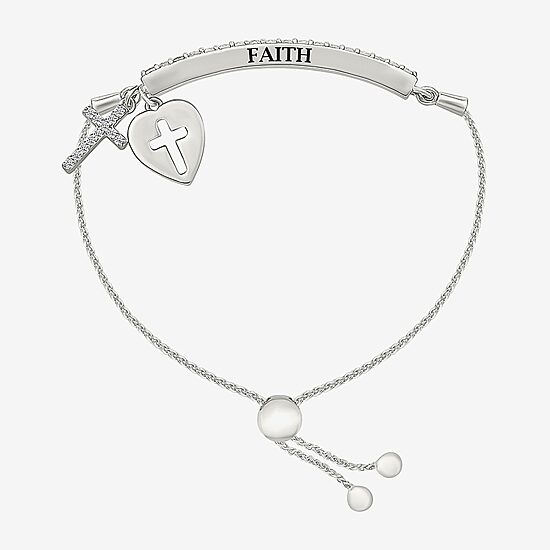 Womens Lab Created White Sapphire Sterling Silver Cross Heart Bolo Bracelet