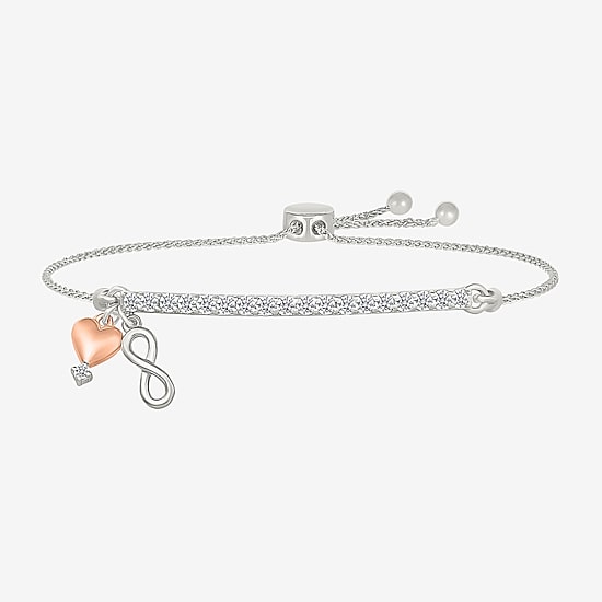 Womens Lab Created White Sapphire 10K Rose Gold Sterling Silver Heart Infinity Bolo Bracelet