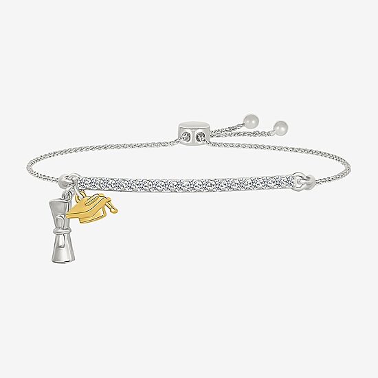 "Graduation Cap And Diploma" Womens Lab Created White Sapphire 10K Rose Gold Sterling Silver Bolo Bracelet