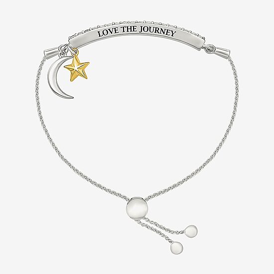 "Love The Journey" Womens Lab Created White Sapphire 10K Rose Gold Sterling Silver Moon Star Bolo Bracelet