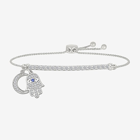 "Strong" Womens Lab Created Blue Sapphire Sterling Silver Hamsa Moon Bolo Bracelet