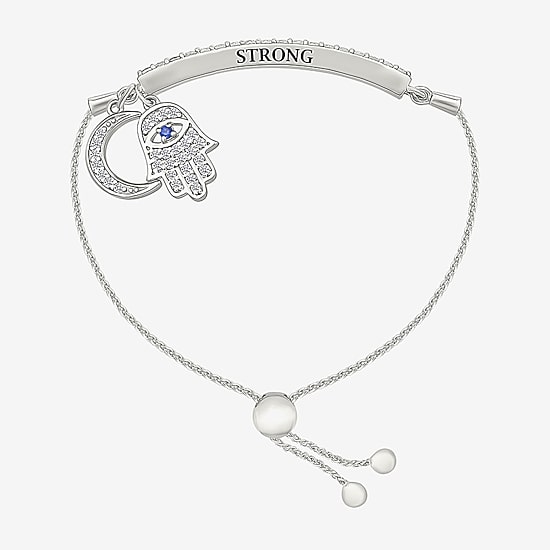 "Strong" Womens Lab Created Blue Sapphire Sterling Silver Hamsa Moon Bolo Bracelet