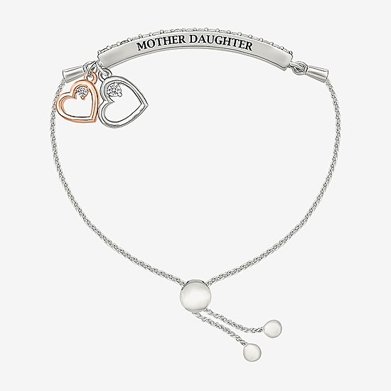 Womens Lab Created White Sapphire 10K Rose Gold Sterling Silver Heart Bolo Bracelet