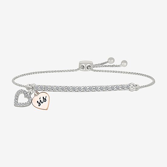 "Sis" Womens Lab Created White Sapphire 10K Rose Gold Sterling Silver Heart Bolo Bracelet