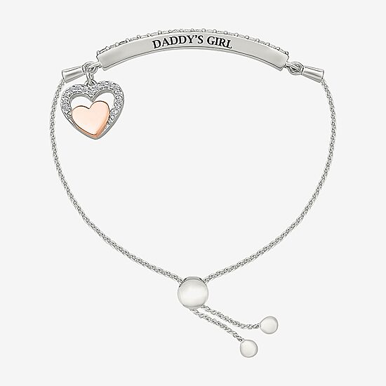 Womens Lab Created White Sapphire 10K Rose Gold Sterling Silver Heart Bolo Bracelet