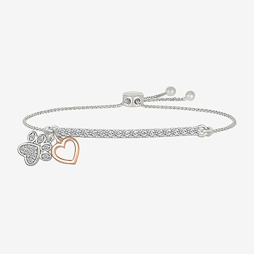Paw Print Womens Lab Created White Sapphire 10K Rose Gold Sterling Silver Heart Bolo Bracelet, One Size
