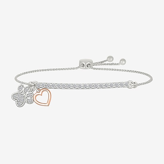 "Paw Print" Womens Lab Created White Sapphire 10K Rose Gold Sterling Silver Heart Bolo Bracelet