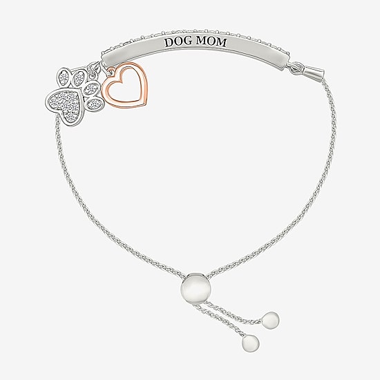"Paw Print" Womens Lab Created White Sapphire 10K Rose Gold Sterling Silver Heart Bolo Bracelet