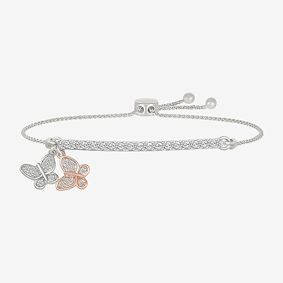 Womens Lab Created White Sapphire 10K Rose Gold Sterling Silver Butterfly Bolo Bracelet