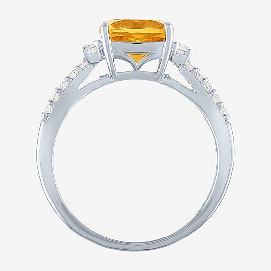 Womens Genuine Yellow Citrine Sterling Silver Side Stone Cocktail Ring